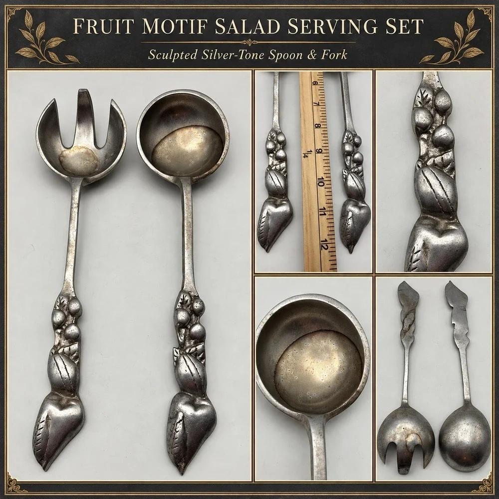 Vintage Fruit Motif Salad Serving Set Sculpted Silver Tone Metal Spoon and Fork